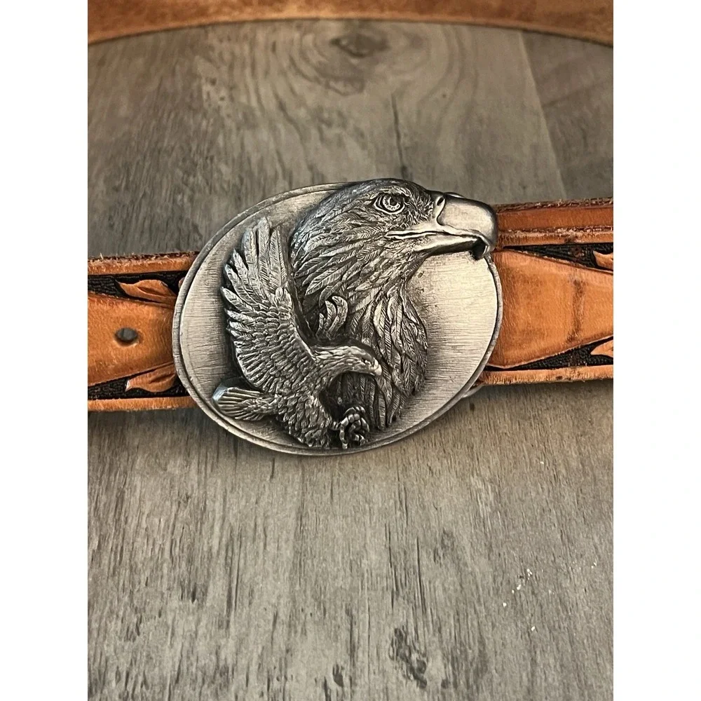 Vintage Looper Tooled Leather Belt w/ American Bald Eagle Buckle Sz 34 Good Cond